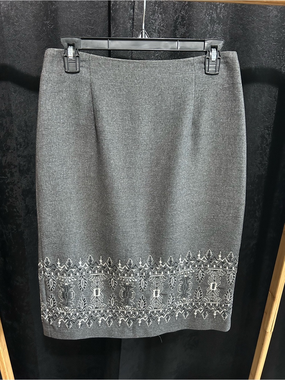 Embroidered Hem Gray A-Line Skirt by